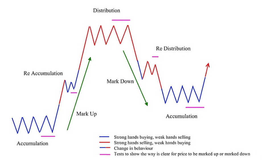 Wyckoff accumulation and distribution chart phases showing mark-up, mark-down, and behavior shifts in forex market trends