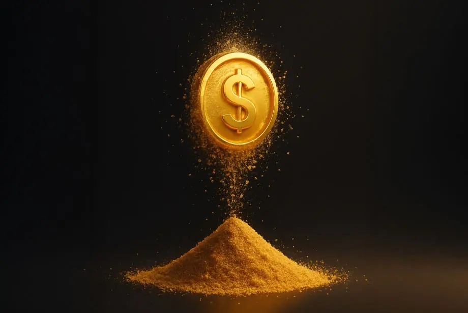 a golden dollar coin floating above a mound of sand, symbolizing wealth, volatility, and high-risk, high-reward financial opportunities