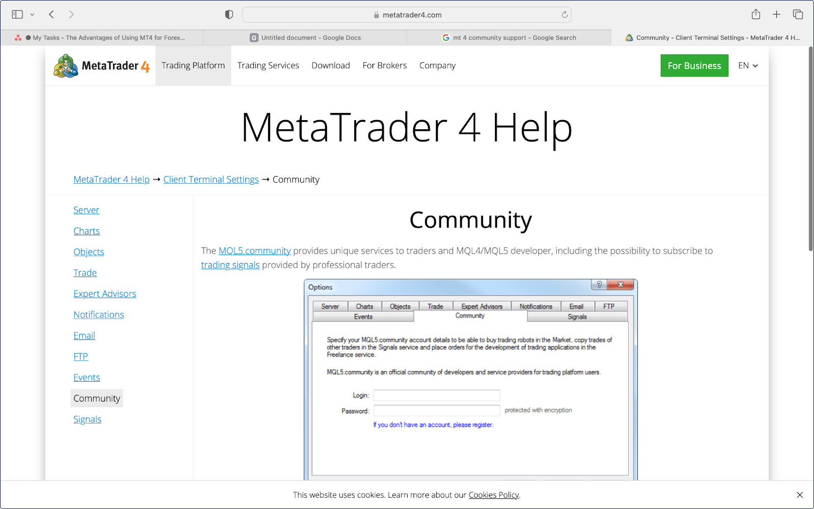 MT4 platform showing a forum where traders can ask questions and share their experiences