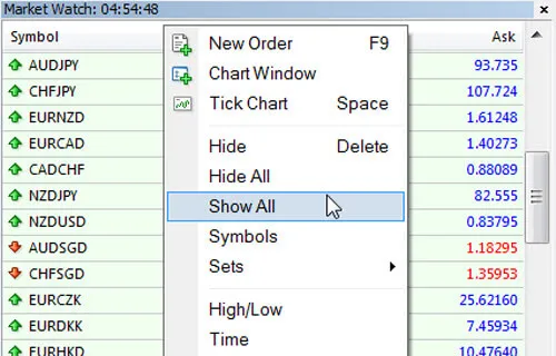 trading platform's 'Market Watch' window displaying currency pairs and their bid/ask prices.