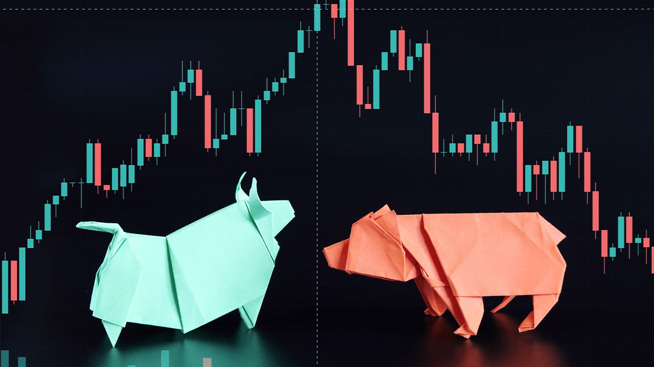Bullish and Bearish Harami Candlestick Pattern: A financial chart with red and green candlesticks, featuring origami-style bull and bear figures representing market trends.