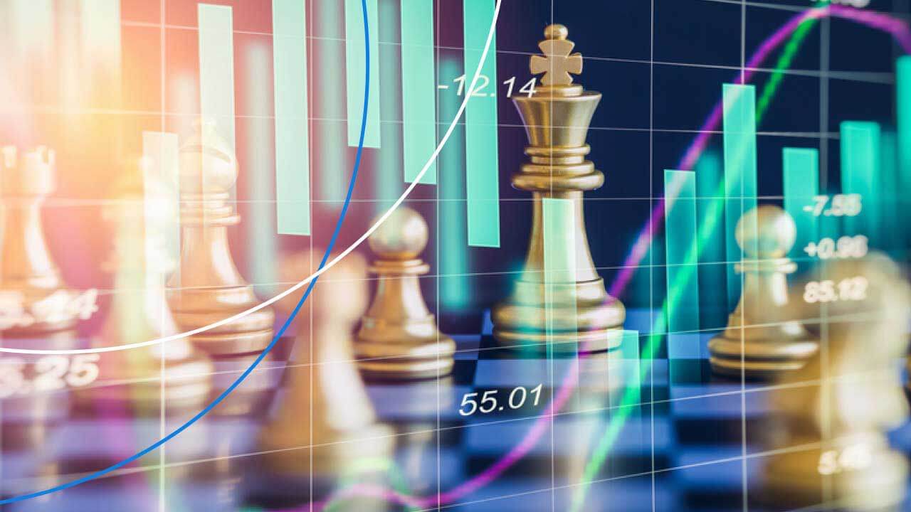 chess pieces with financial data charts overlay,