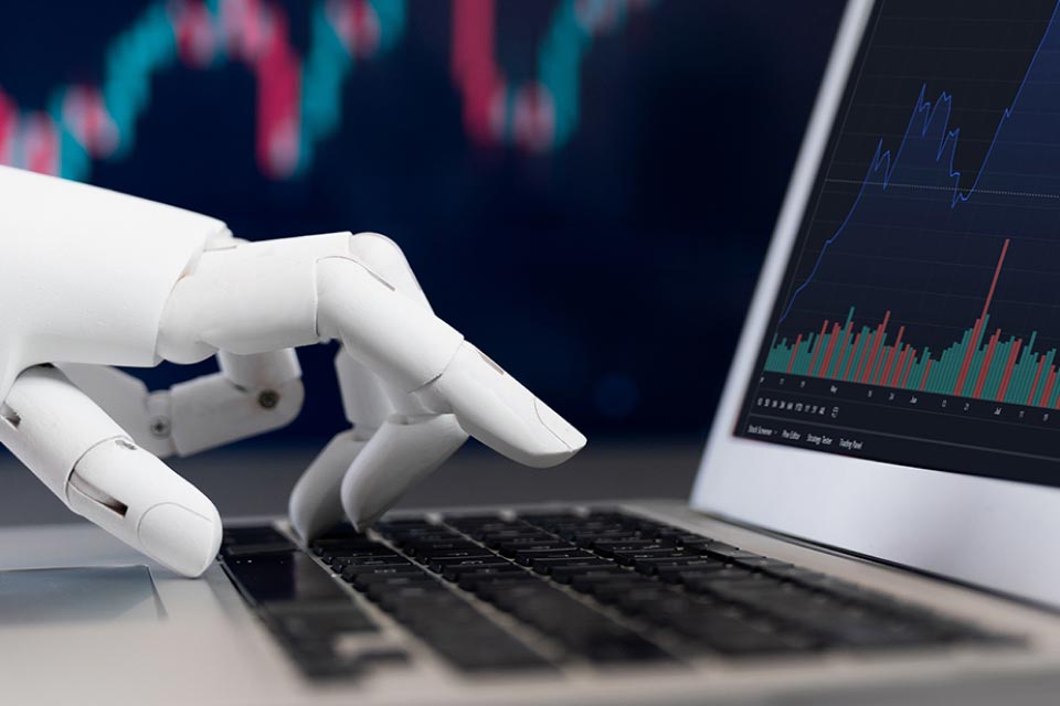 a robotic hand typing on a laptop keyboard, with forex trading charts on screen