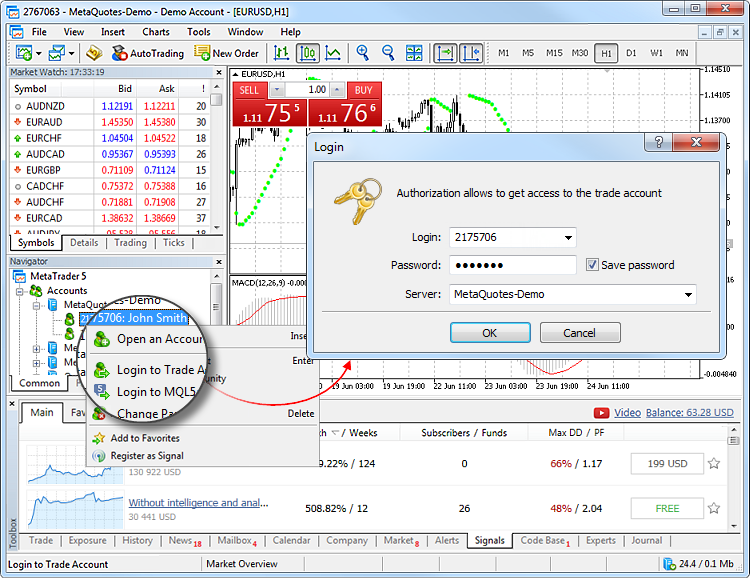 the MetaTrader 5 (MT5) trading platform, specifically the Login to Trade Account window.