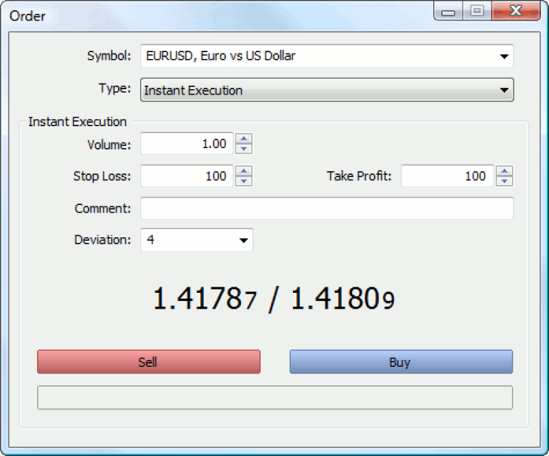 screen showing buy and sell options in MetaTrader5