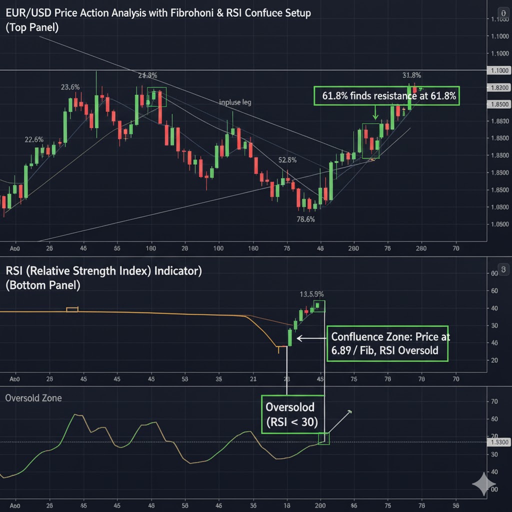 Split-screen chart showing EUR/USD price action with Fibonacci levels on top panel, and RSI indicator on bottom panel, highlighting confluence at 61.8% retracement where RSI shows oversold (below 30)