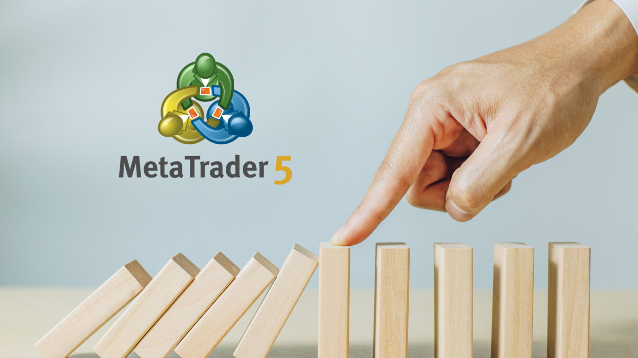 MetaTrader 5 logo next to a hand stopping a row of wooden blocks from toppling over,