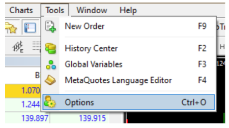 'Tools' menu expanded on a trading platform, showing options with 'Options' menu item highlighted