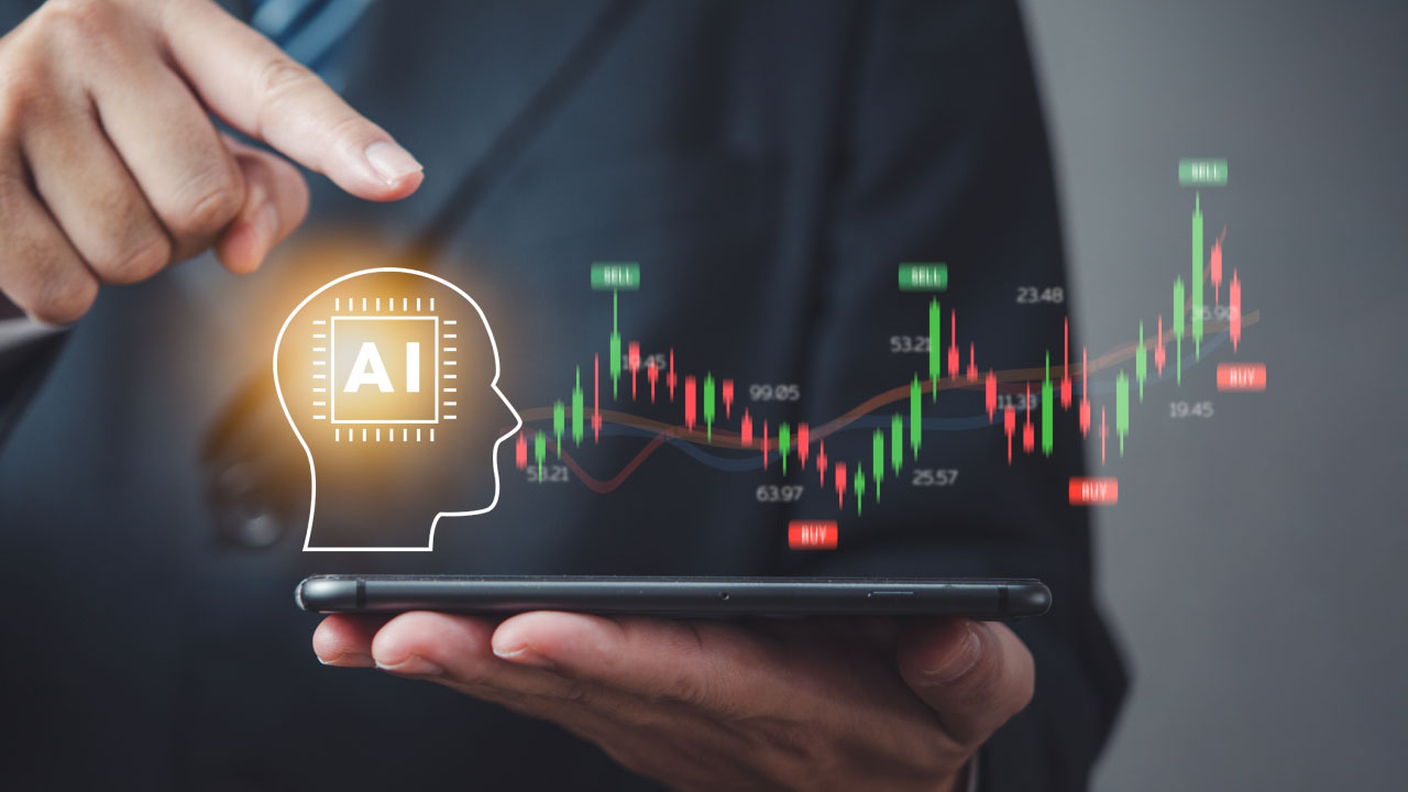 Businessman using a smartphone with an AI symbol overlay, representing how AI will impact trading.