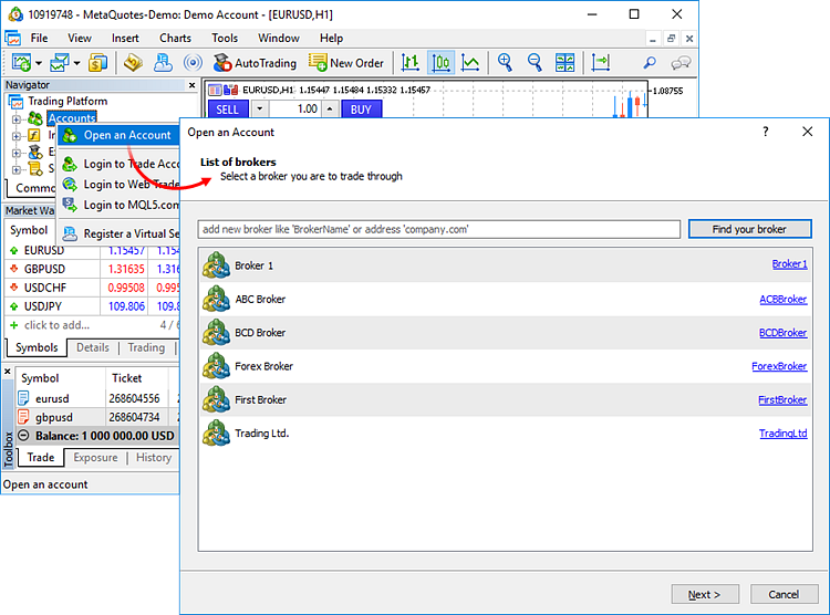 the process of opening an account in MetaTrader 4 (MT4) or MetaTrader 5 (MT5).