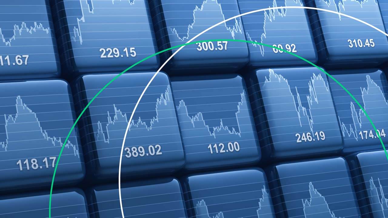  blue tiles displaying financial charts and various numerical values