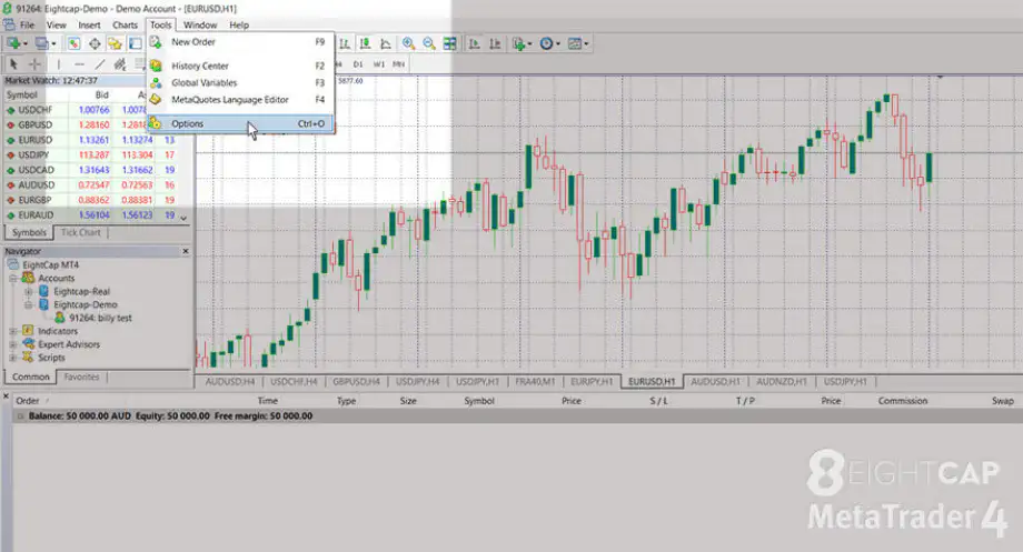 MetaTrader 4 trading platform with the Tools menu open, highlighting the Options tab