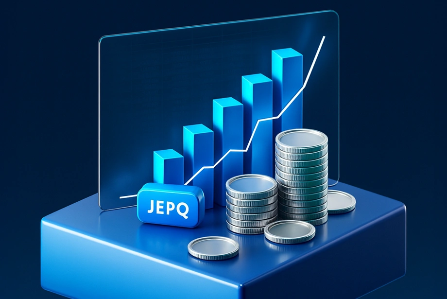 3D illustration of stacked coins and a rising bar chart labeled “JEPQ,” symbolizing investment growth and ETF performance.
