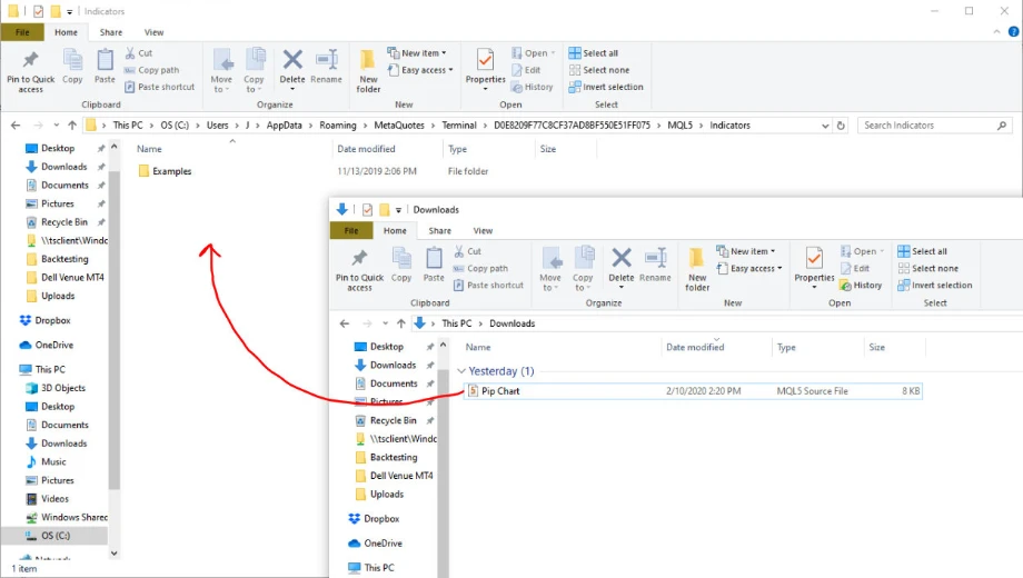 Windows File Explorer showing how to copy a custom MQL5 indicator file from the Downloads folder into the MetaTrader 5 Indicators directory.