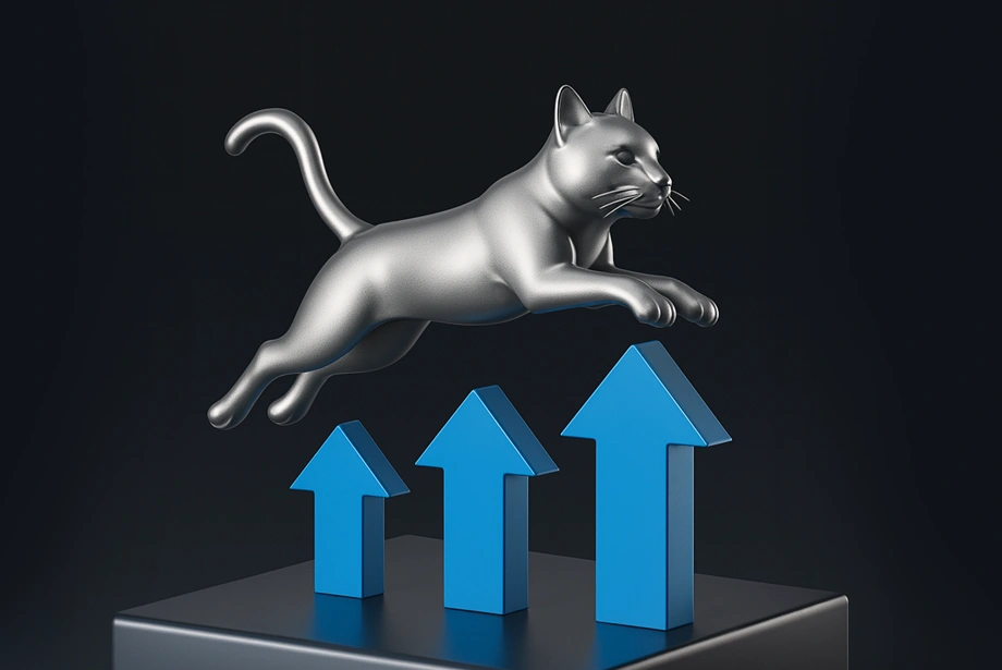 a silver cat leaping over blue upward arrows, symbolizing growth or recovery in trading patterns