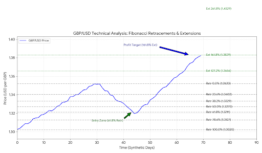 Chart showing GBP/USD with both retracement levels (during pullback) and extension levels (during trend continuation), with arrows indicating entry and profit target zones