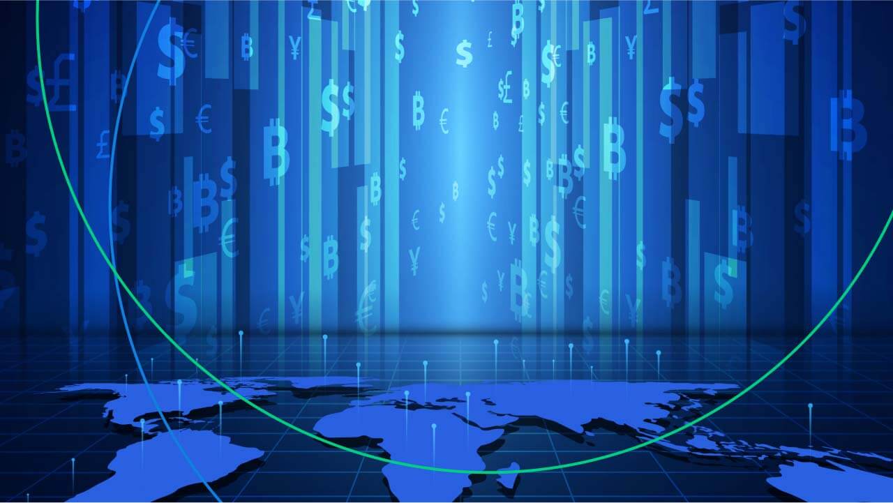 digital world currency symbols overlaying a blue map