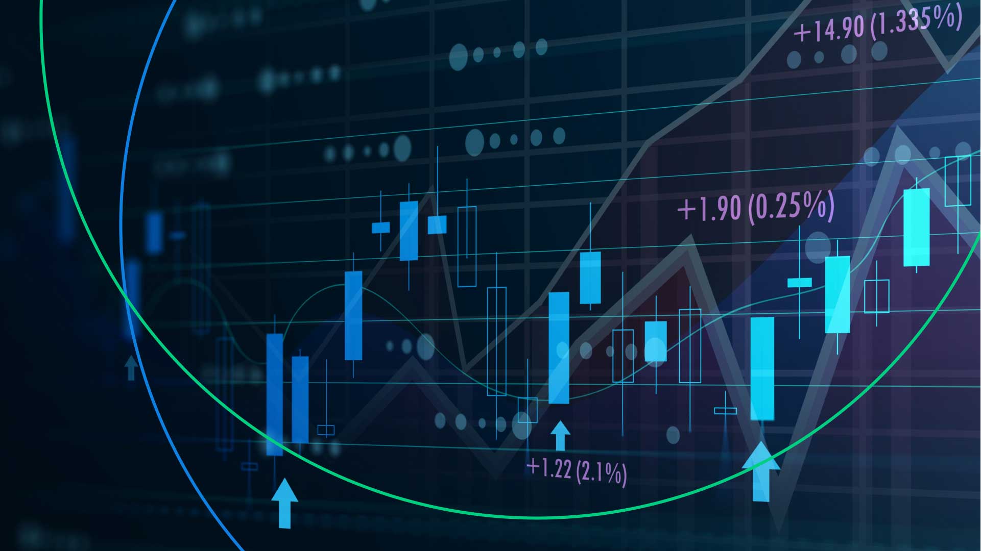  a financial trading chart with multiple candlesticks in blue, overlaid with trend lines