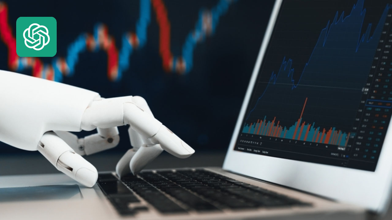 A robot hand interacting with a laptop analyzing trading charts, representing the use of ChatGPT for enhancing trading strategies and market analysis.