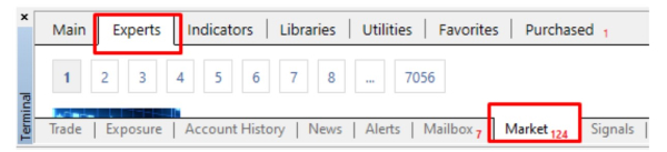 a screenshot from the MetaTrader platform interface showing the "Experts" tab selected in the top section