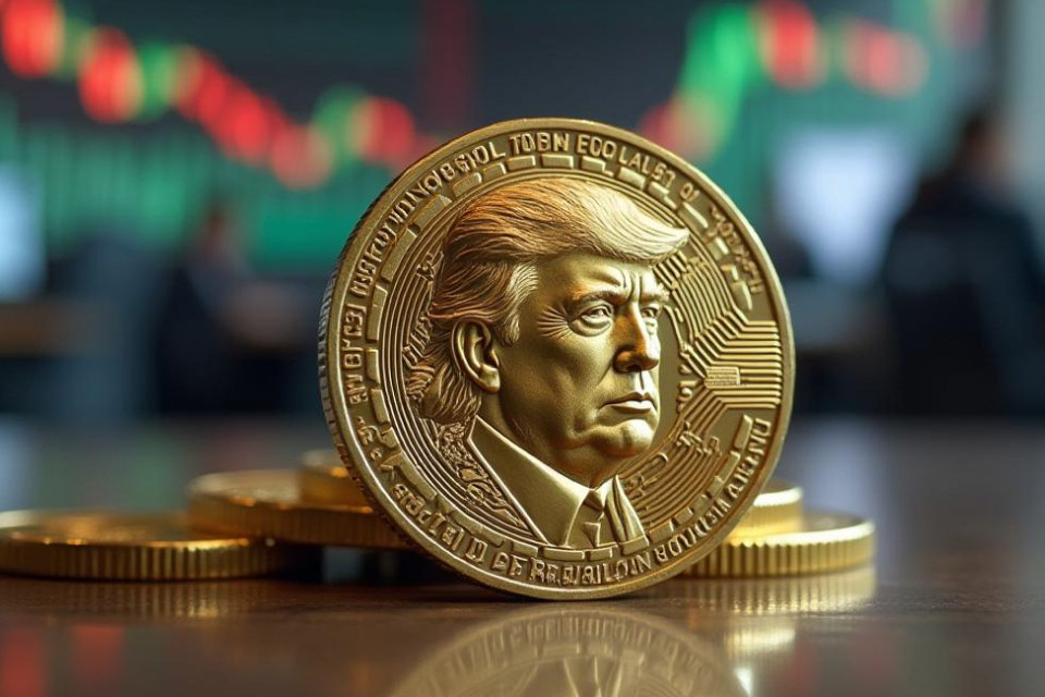 A digitally rendered gold coin featuring the face of Donald Trump, illustrating the "Guide to Trump Coin: Everything Traders Must Know."