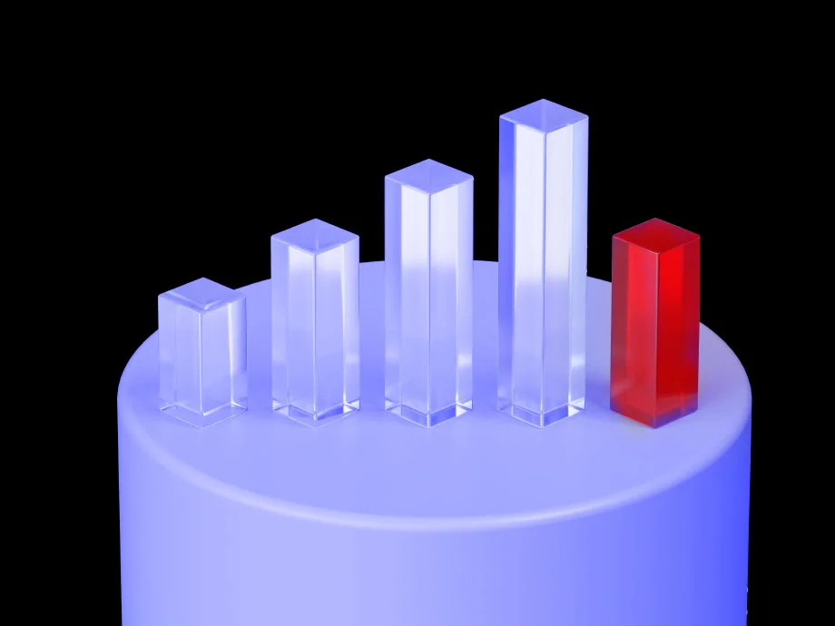 3D bar chart with four translucent blue bars and one red bar on a circular podium