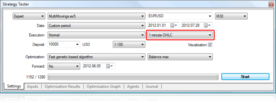 MetaTrader 5 Strategy Tester settings configured for MultiMovings expert advisor on EUR/USD M30, with custom date range, deposit size, optimization method, and visualization enabled.
