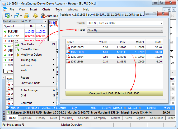 screen showing how to close a position or trade