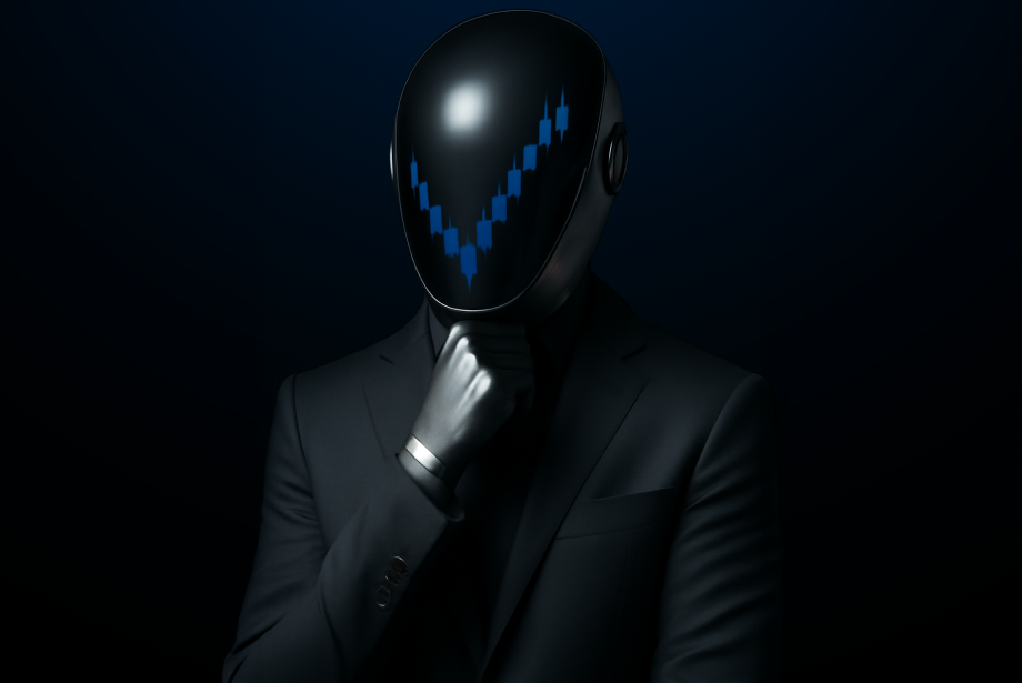a futuristic humanoid figure in a suit with a glowing, data-driven face resembling a stock chart, symbolizing AI and financial analysis