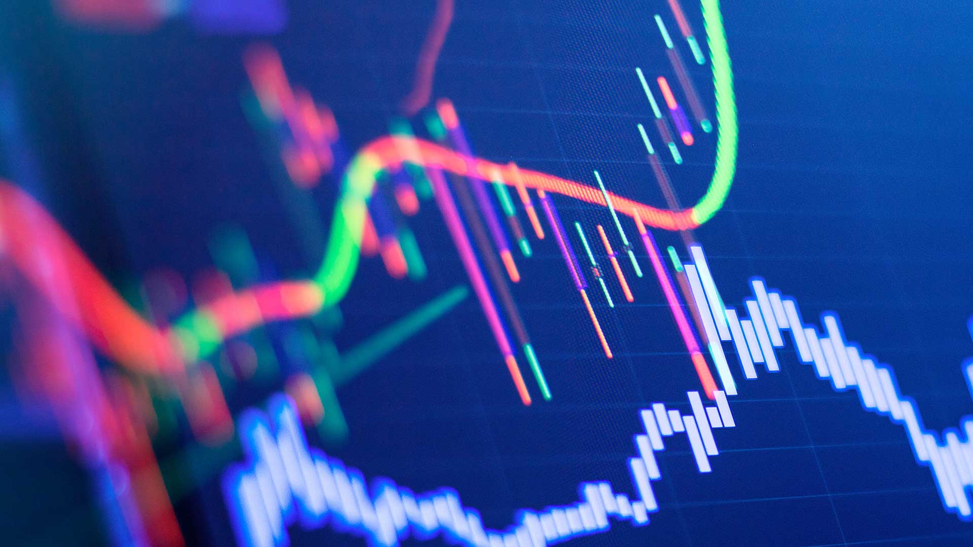 A colorful digital stock chart featuring multiple trend lines and candlesticks, illustrating the concept of “How Does The Arms Index (TRIN) Analyze Market Sentiment.”