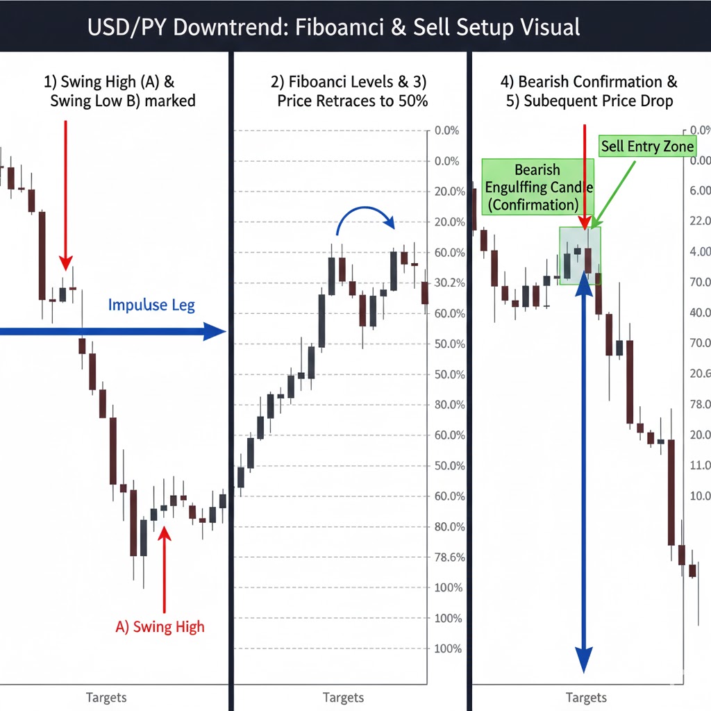 Annotated chart showing USD/JPY downtrend with Fibonacci retracement levels drawn from swing high to swing low, highlighting a sell entry at the 50% retracement level with bearish confirmation