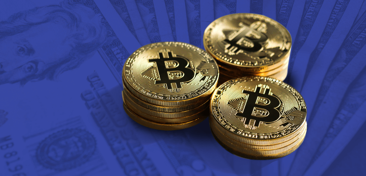 golden bitcoins in a blue background