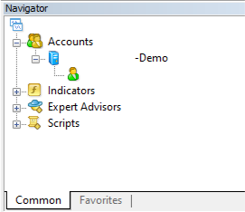 Navigator window showing the demo account, indicators, expert advisors, and scripts categories