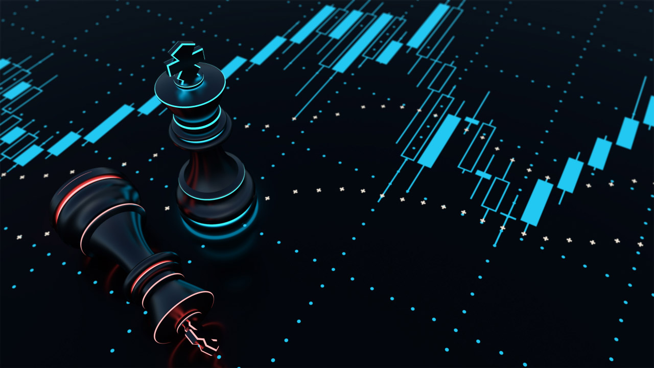 digital chess pieces on a black lighted background with financial candlestick chart