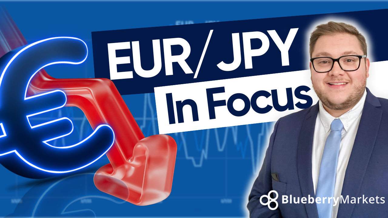 EUR/JPY in focus with text overlay featuring Jonathan Kibbler, accompanied by an image of the EUR symbol and a downward-pointing arrow, illustrating currency strength vs weakness in forex trading.