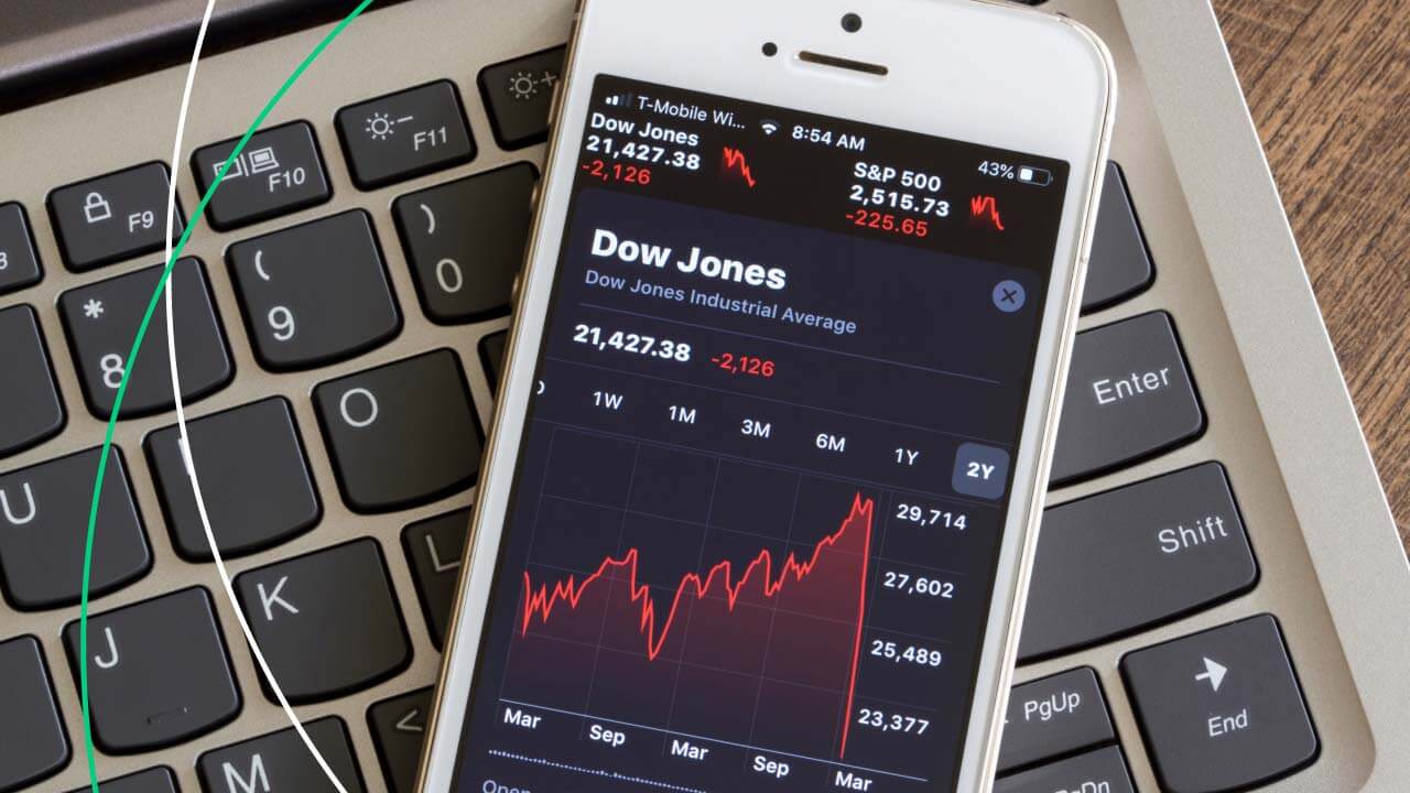 iPhone screen showing the Dow Jones stock market data