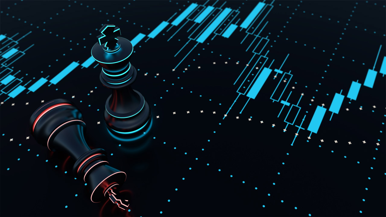 Digital chess pieces on a black lighted background with financial candlestick chart, illustrating the concept of trading competitions.