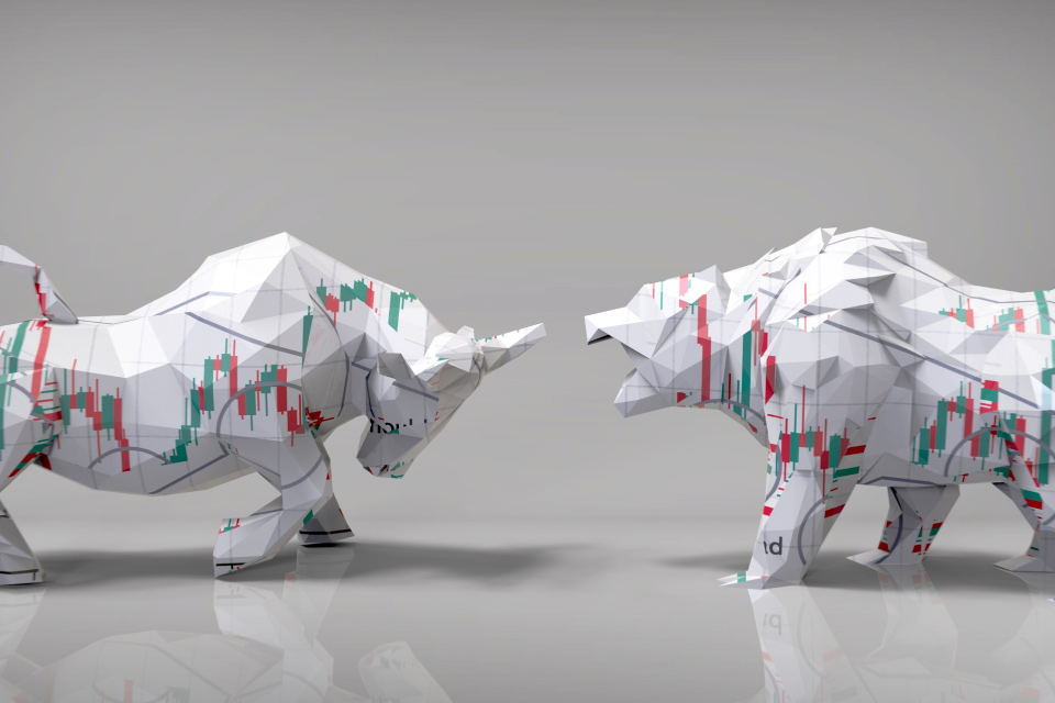 a 3D-rendered digital illustration of a bullish and bearish market concept 