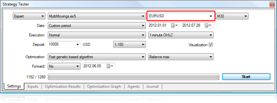 MetaTrader 5 Strategy Tester settings configured for MultiMovings expert advisor on EUR/USD M30, with custom date range, deposit size, optimization method, and visualization enabled.