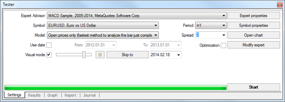 MetaTrader 4 strategy tester settings window for backtesting MACD sample expert advisor on EUR/USD, with options for period, spread, model, date range, and visual mode enabled.