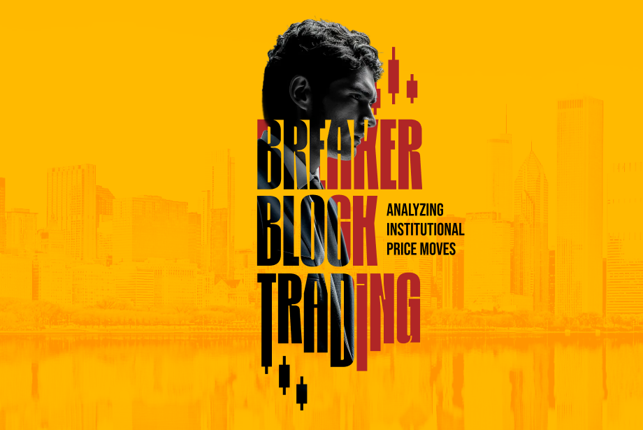 A silhouette of a man against a city skyline with bold text reading 'Breaker Block Trading' and the subtitle 'Analyzing Institutional Price Moves' on a yellow background.