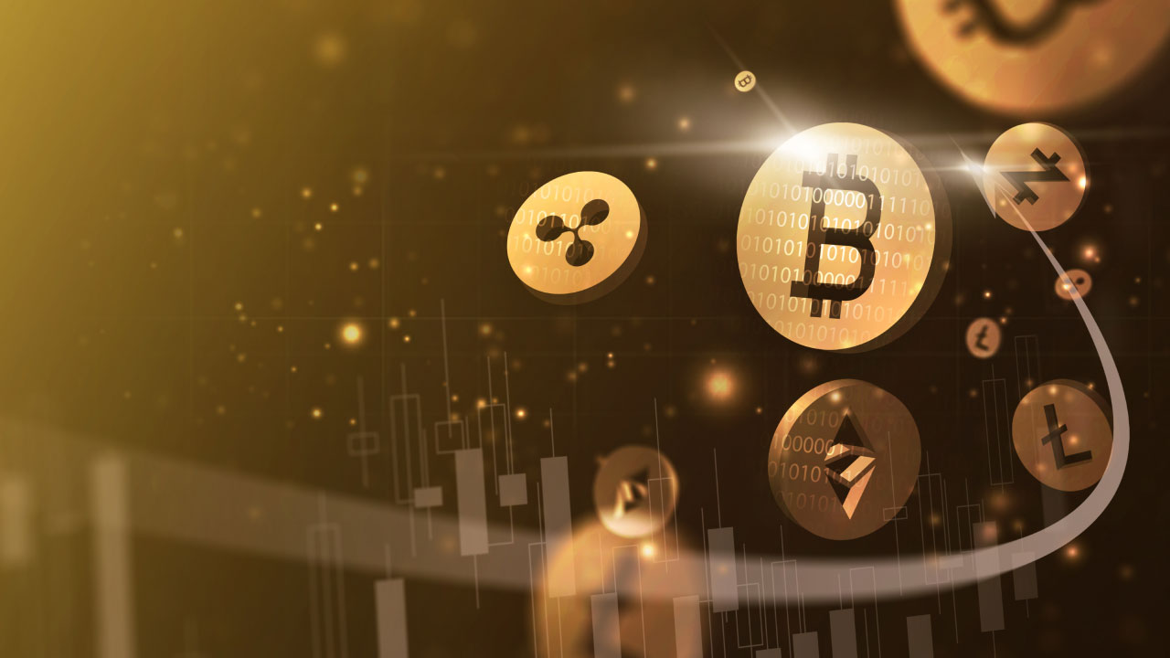 Gold coins arranged against a shimmering gold background, representing trading Crypto CFDs.