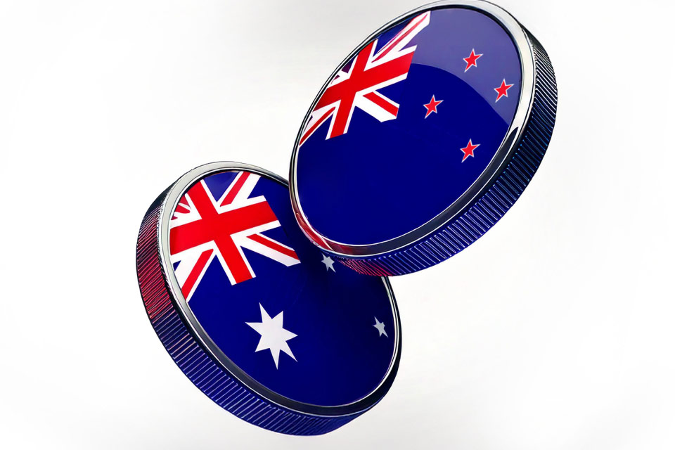Forex Week Ahead Analysis: 17th February — two metallic coins featuring the Australian and New Zealand flags, symbolizing focus on AUD and NZD in upcoming forex market movements.