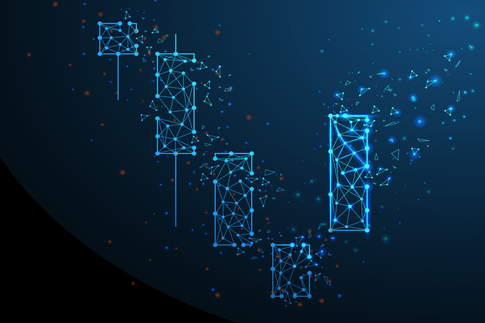 a digital representation of candlestick patterns constructed with glowing blue polygons 