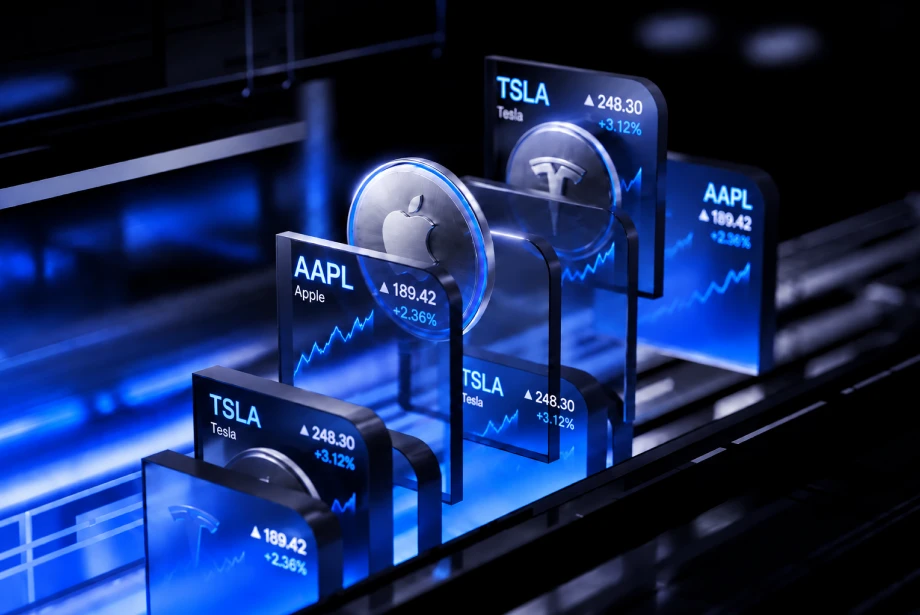 Blue-lit 3D illustration of Apple and Tesla stock cards displaying share prices, line charts and metallic company logos.