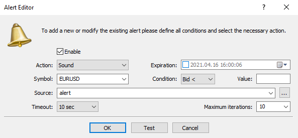 'Alert Editor' window in MetaTrader, where you can set up and modify trading alerts.
