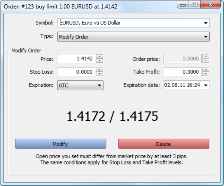 MetaTrader 5 order modification window for EURUSD showing fields to set price, stop-loss, take-profit, and expiration details.