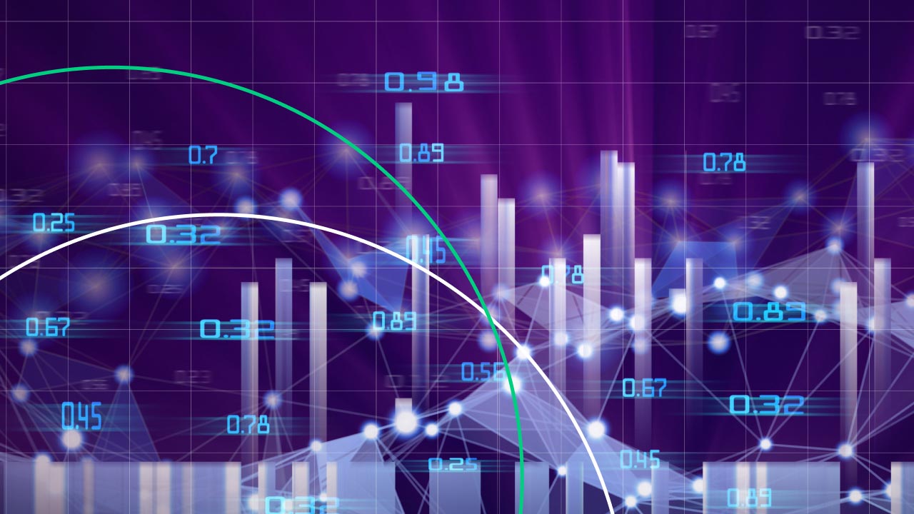 Digital forex chart with candlestick patterns and numerical data on a purple background, illustrating the 15 most popular forex chart patterns.