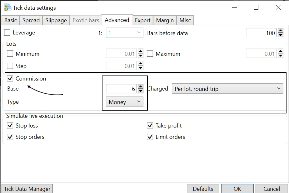 MT4 tick data settings advanced tab showing commission setup, with base commission set to 6 per lot round trip, and options to simulate stop loss, stop orders, take profit, and limit orders.