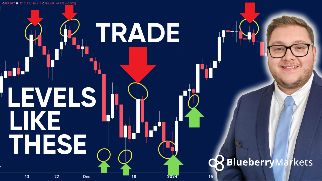 An image titled "A Blueprint to Consistency in Forex Trading" featuring a candlestick chart with key trading levels, branded with Blueberry Markets.
